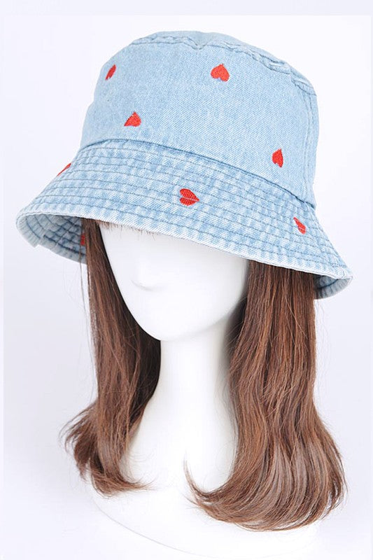 Light Blue Heart Embroidered Denim Bucket Hat on Mannequin Side view