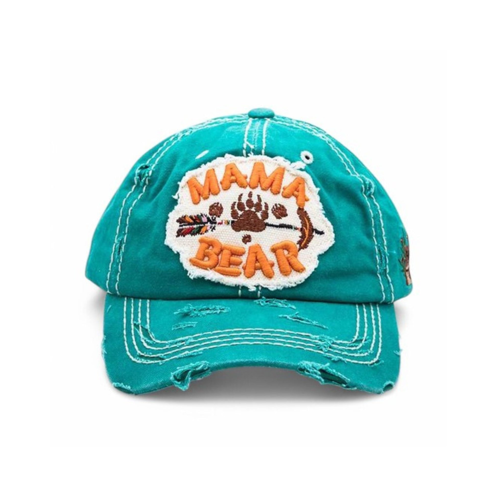 Teal cap with 'Mama Bear' patch on a white background