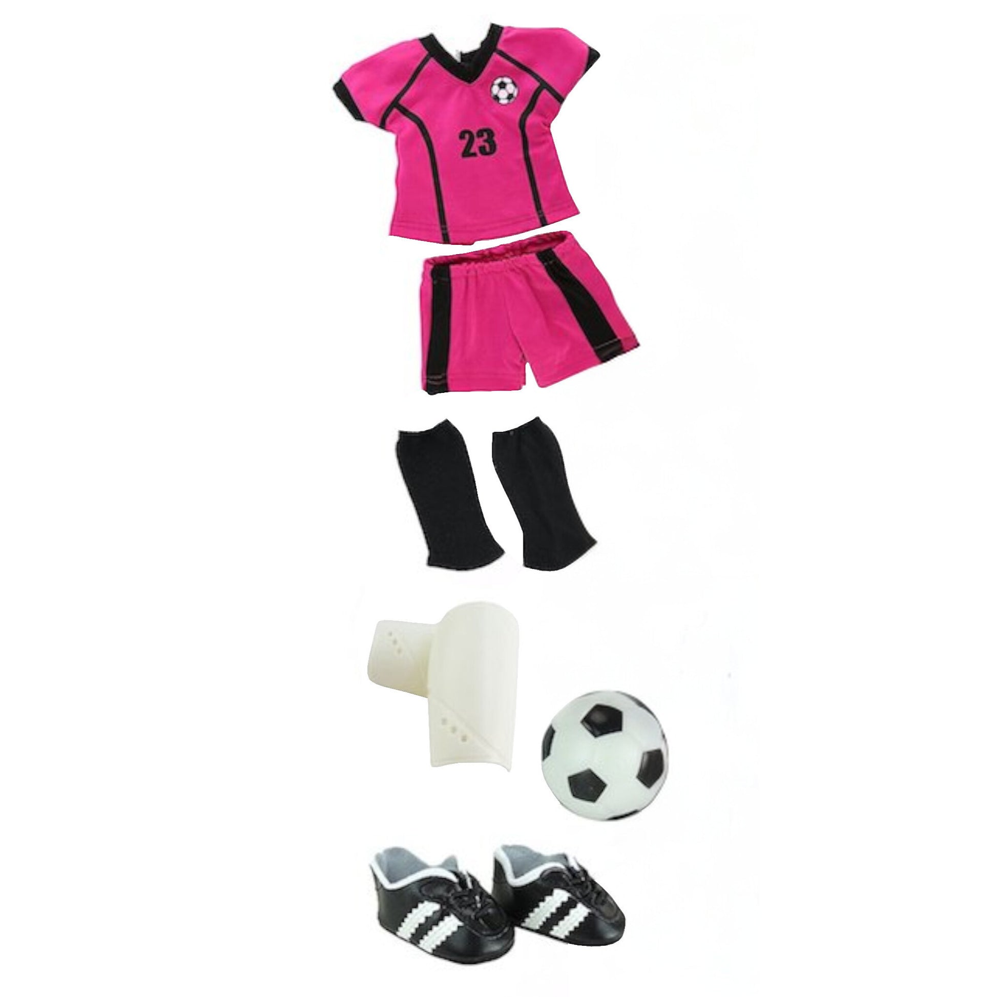 Magenta and Black Soccer Outfit with Accessories for 18-inch dolls Flat