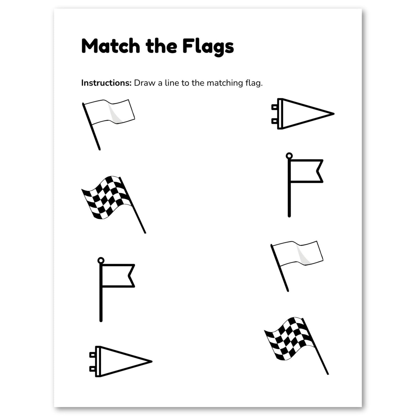 Worksheet with black and white flags for matching exercise on a white background