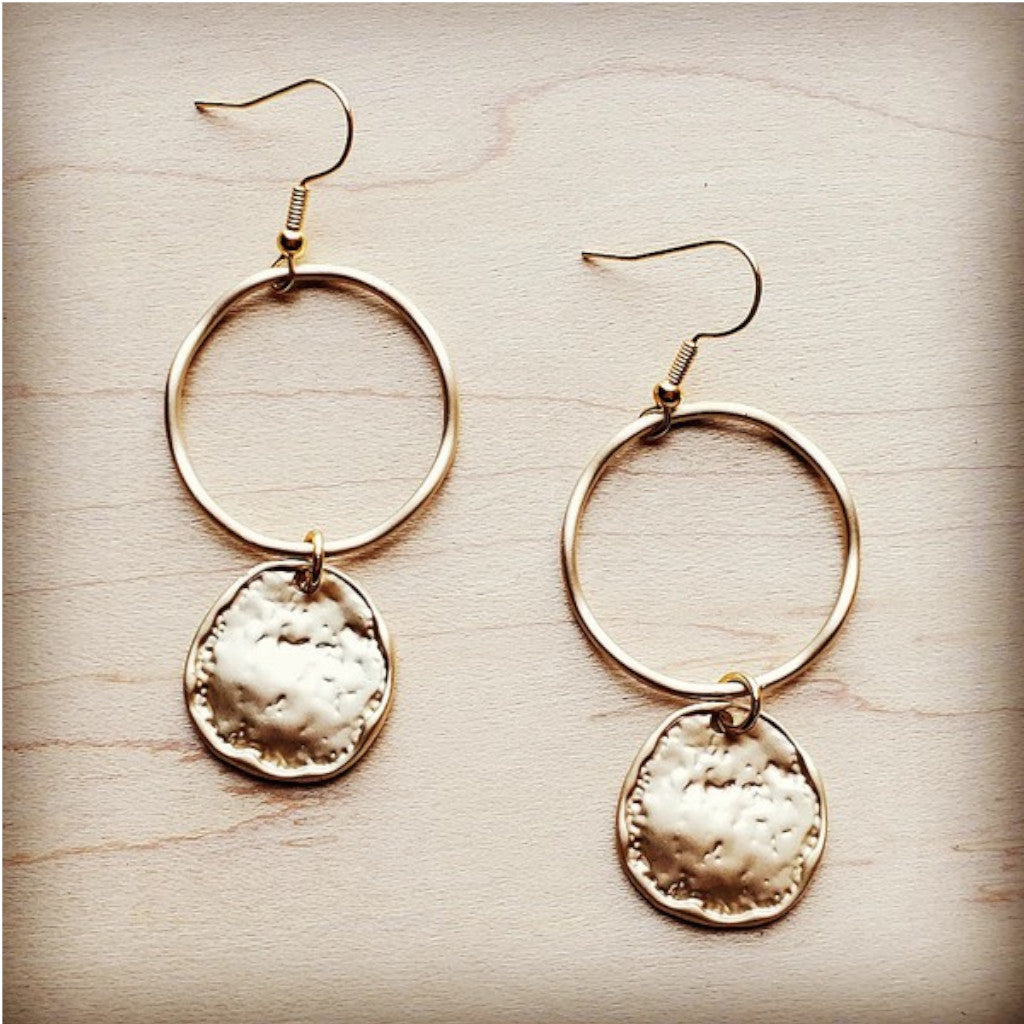 Matte Gold Hoop Earrings with Coin Dangle Back view