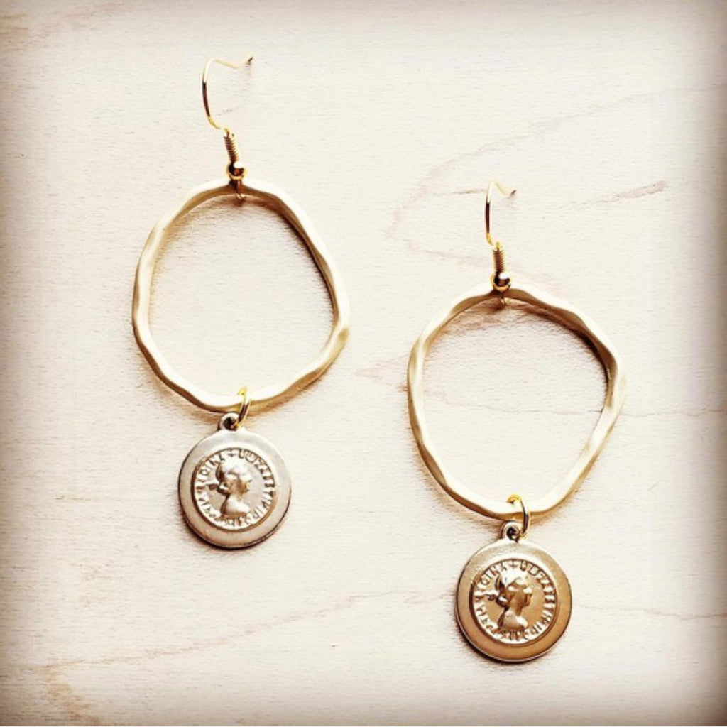 Matte Gold Hoop Earrings with Coin Dangle Front view