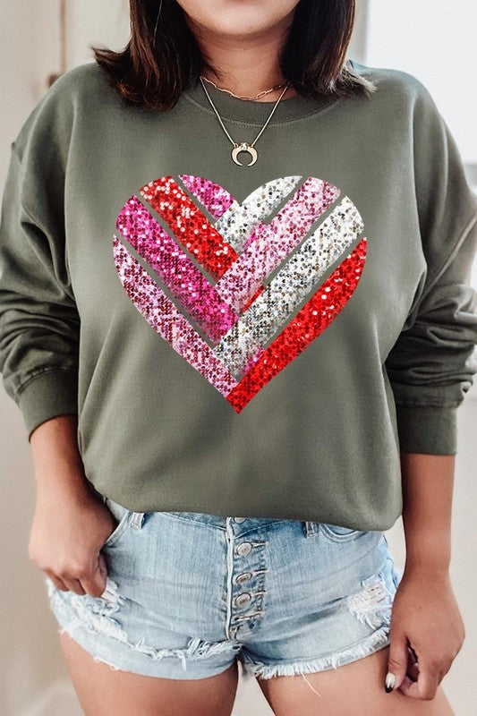 Military Green Faux Sequins Striped Heart Graphic Sweatshirt