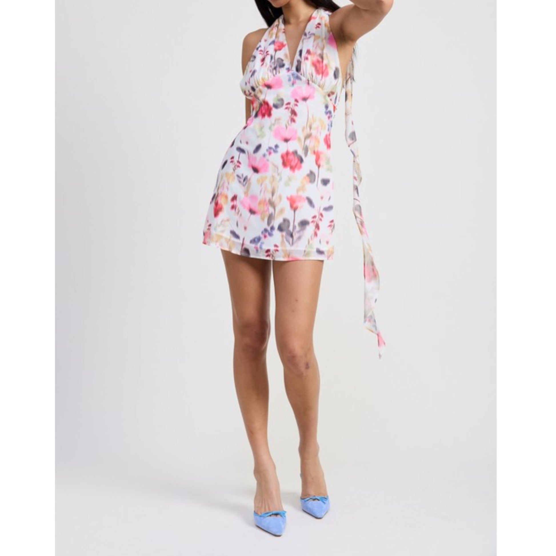 Mini Halter Neck Floral Dress on Model Front view arm up