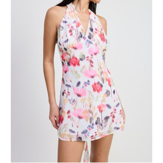 Mini Halter Neck Floral Dress on Model Front view hands on sides