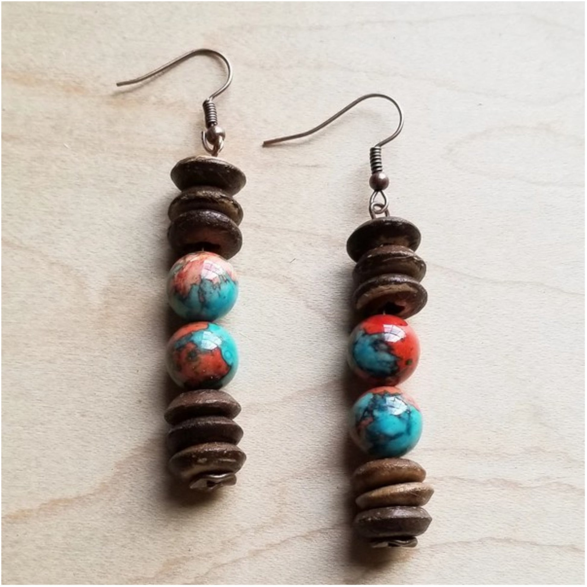 Multi-Colored Turquoise and Wood Earrings Flat