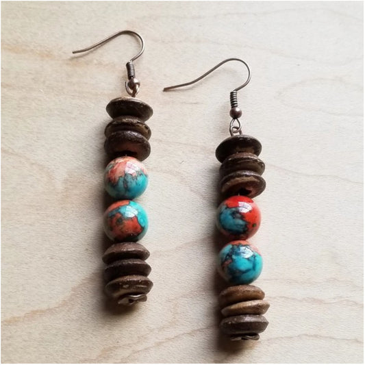 Multi-Colored Turquoise and Wood Earrings Flat