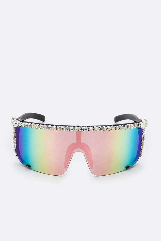 Multicolor Rhinestone Shield Inspired Statement Sunglasses Front view
