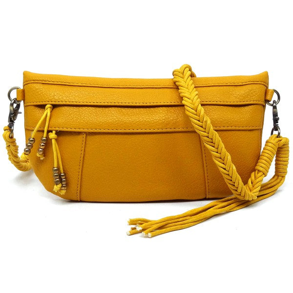 Mustard Braided Tassel Strap Crossbody Bag Front view Strap Down