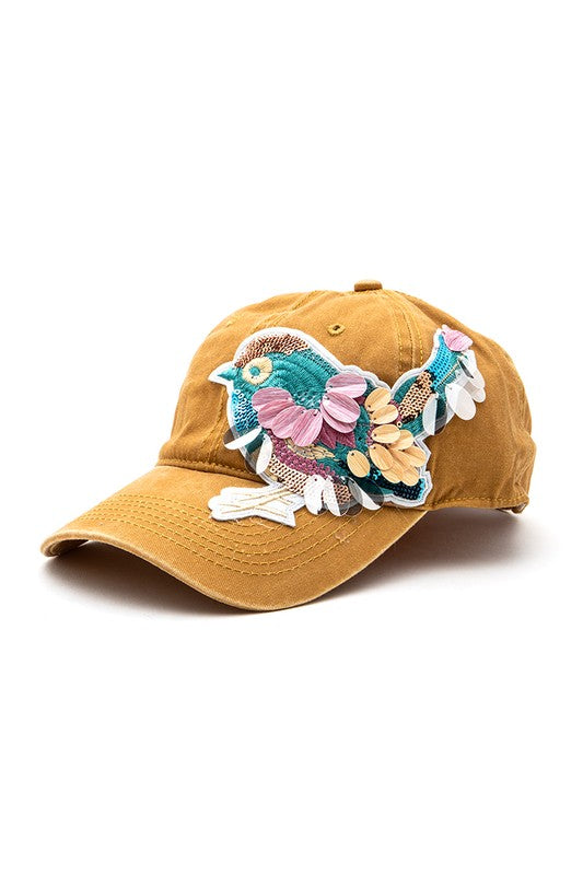Mustard Mix Media Bird Patch Vintage Cotton Canvas Cap Side view