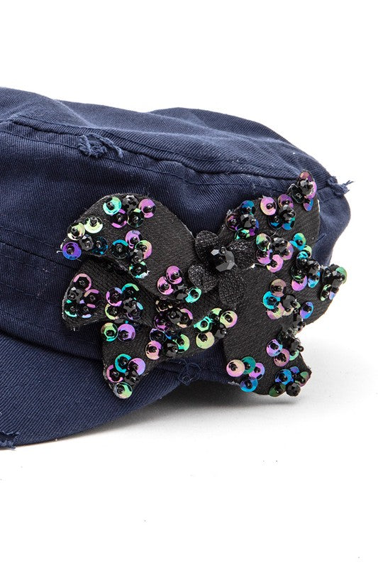 Navy Beaded Butterfly Statement Cadet Hat - Bow Up Close