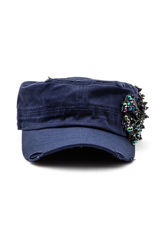 Navy Beaded Butterfly Statement Cadet Hat Front view