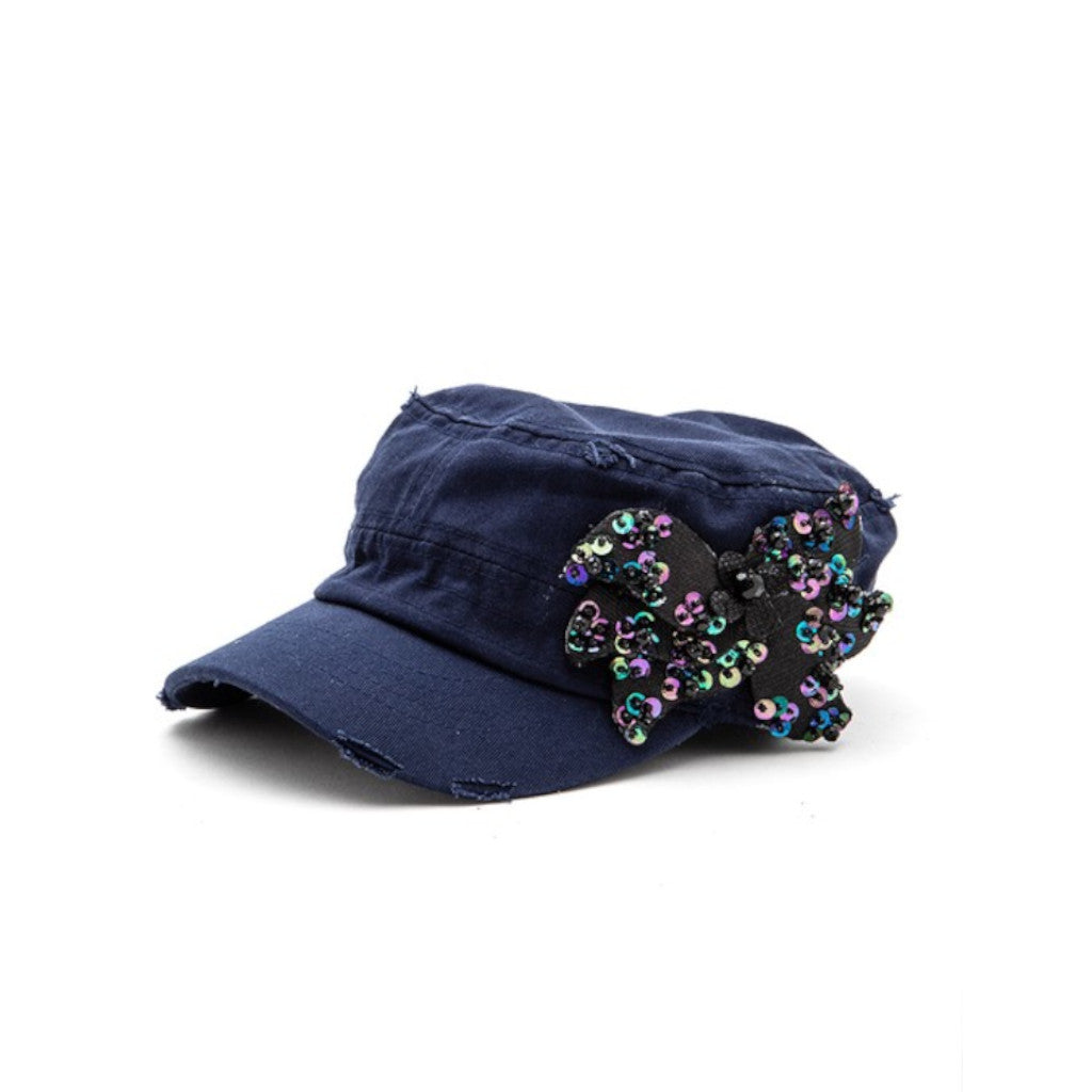 Navy Beaded Butterfly Statement Cadet Hat Side view