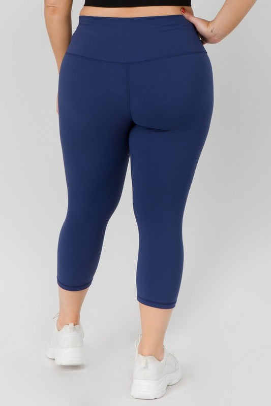 Navy Blue Buttery Soft Capri Activewear Leggings Plus Back view on Model