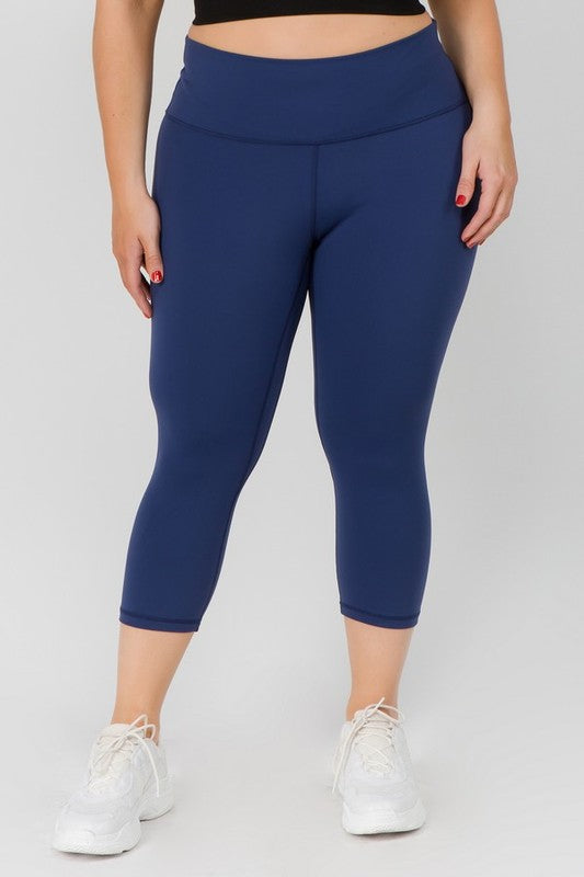 Navy Blue Buttery Soft Capri Activewear  Leggings Plus Front view on Model