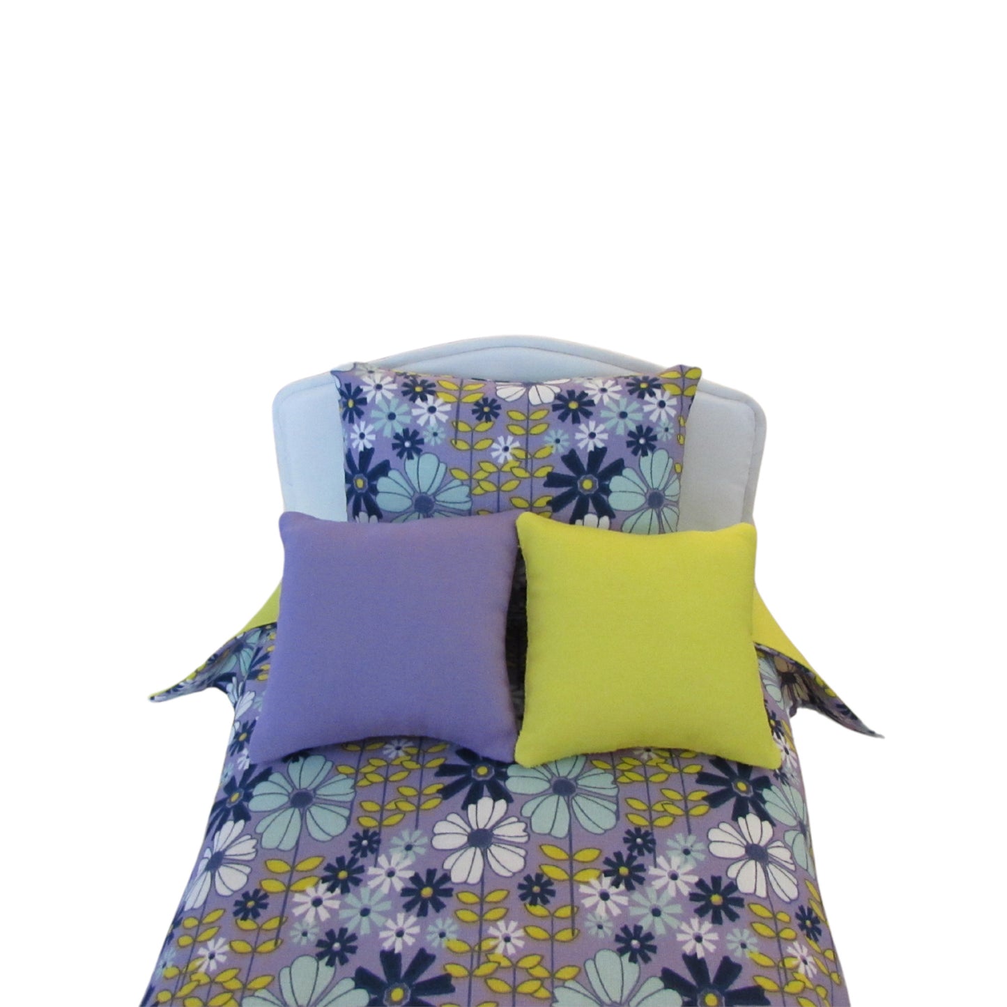 Navy Lilac Floral Print Doll Bedding for 14 1/2 inch dolls Front view Up Close