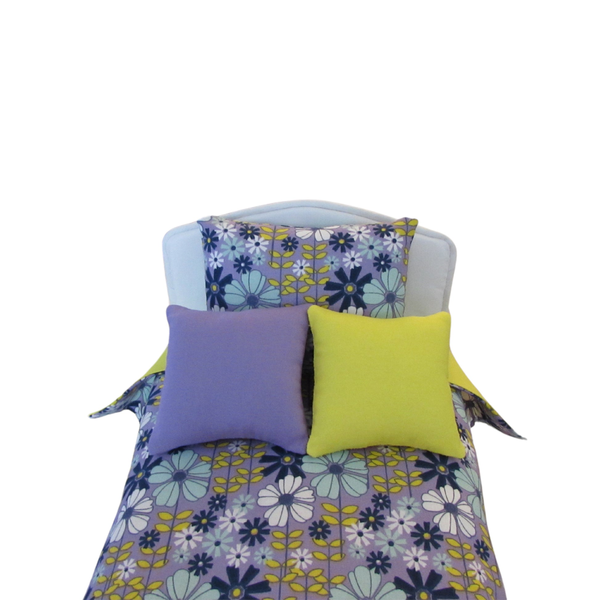 Navy Lilac Floral Print Doll Bedding for 14 1/2 inch dolls Front view Up Close