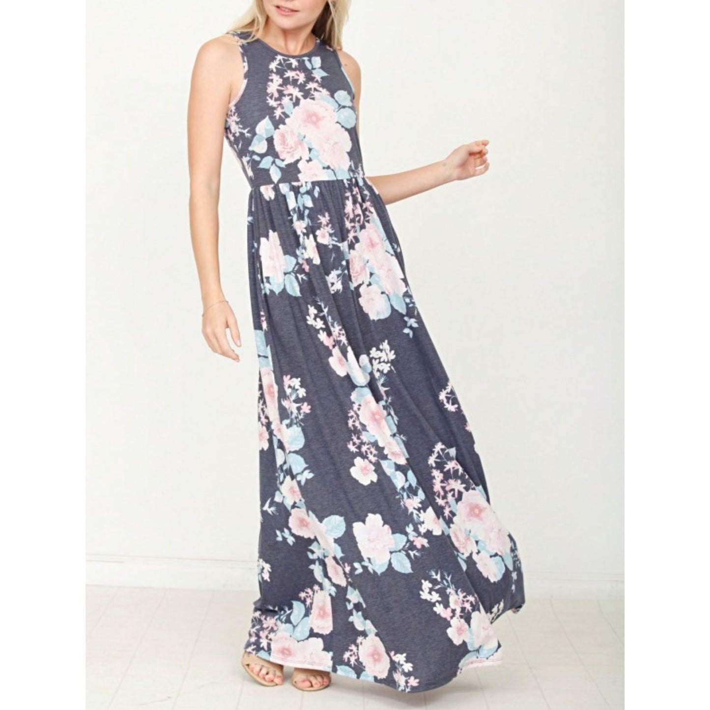 Navy_Vintage_Floral_Maxi_Dress_with_Hidden_Pockets_-_Front_view_on_Model