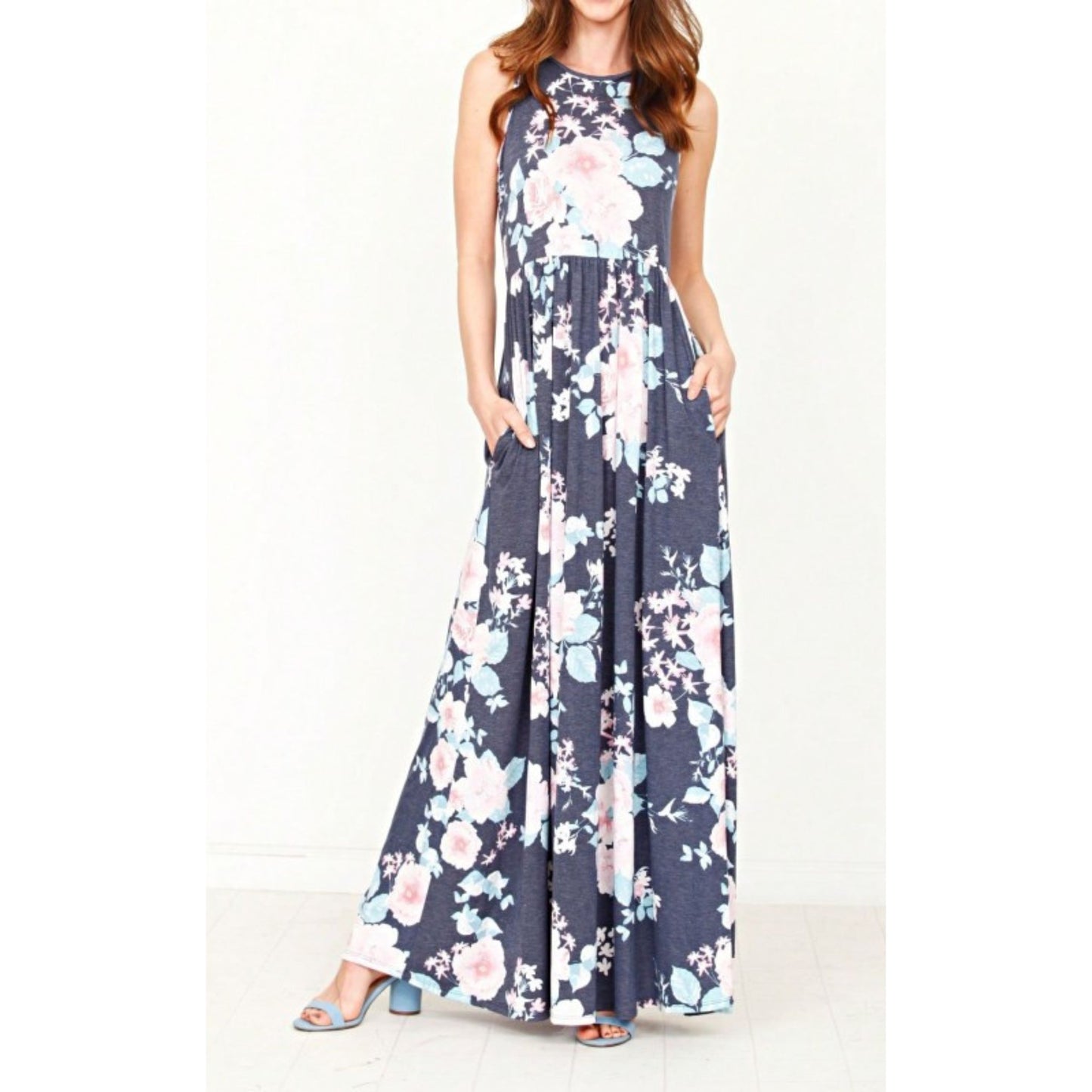 Navy_Vintage_Floral_Maxi_Dress_with_Hidden_Pockets_-_Front_view_on_Model_with_hands_in_pockets
