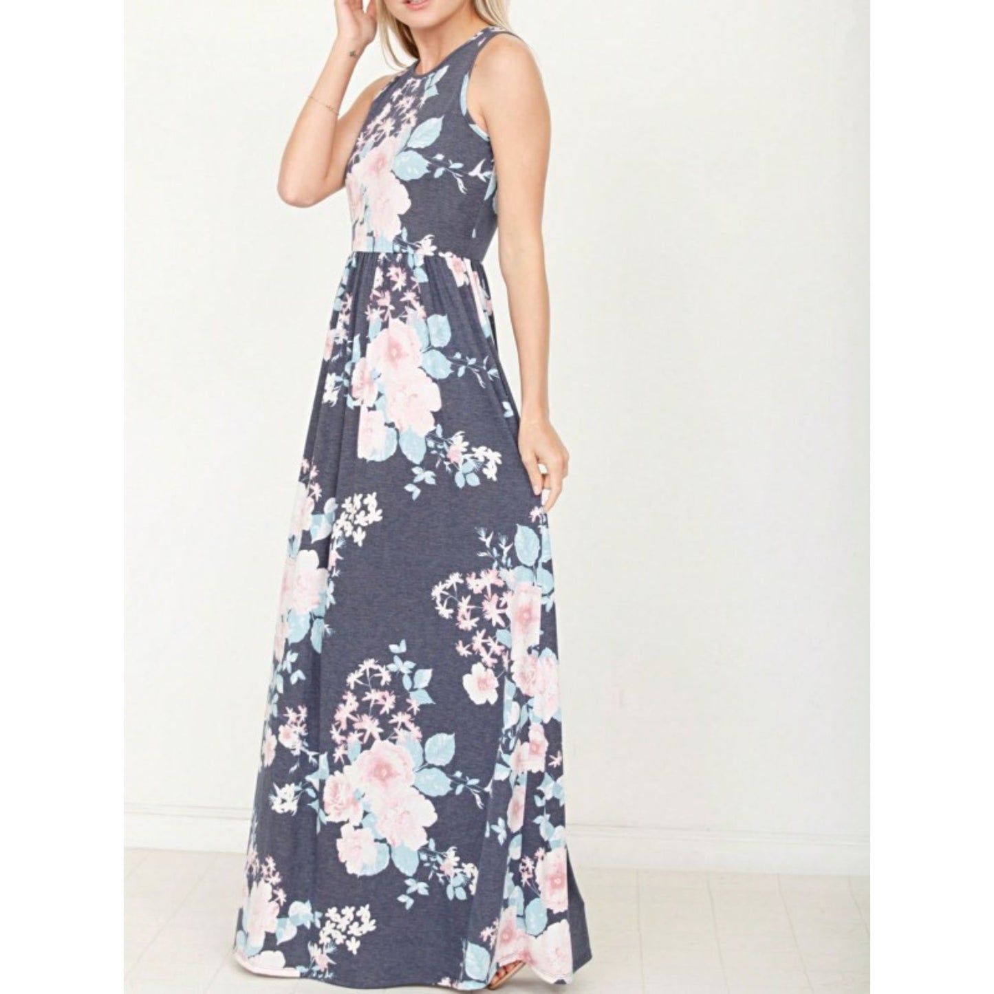 Navy_Vintage_Floral_Maxi_Dress_with_Hidden_Pockets_-_Side_view_on_Model