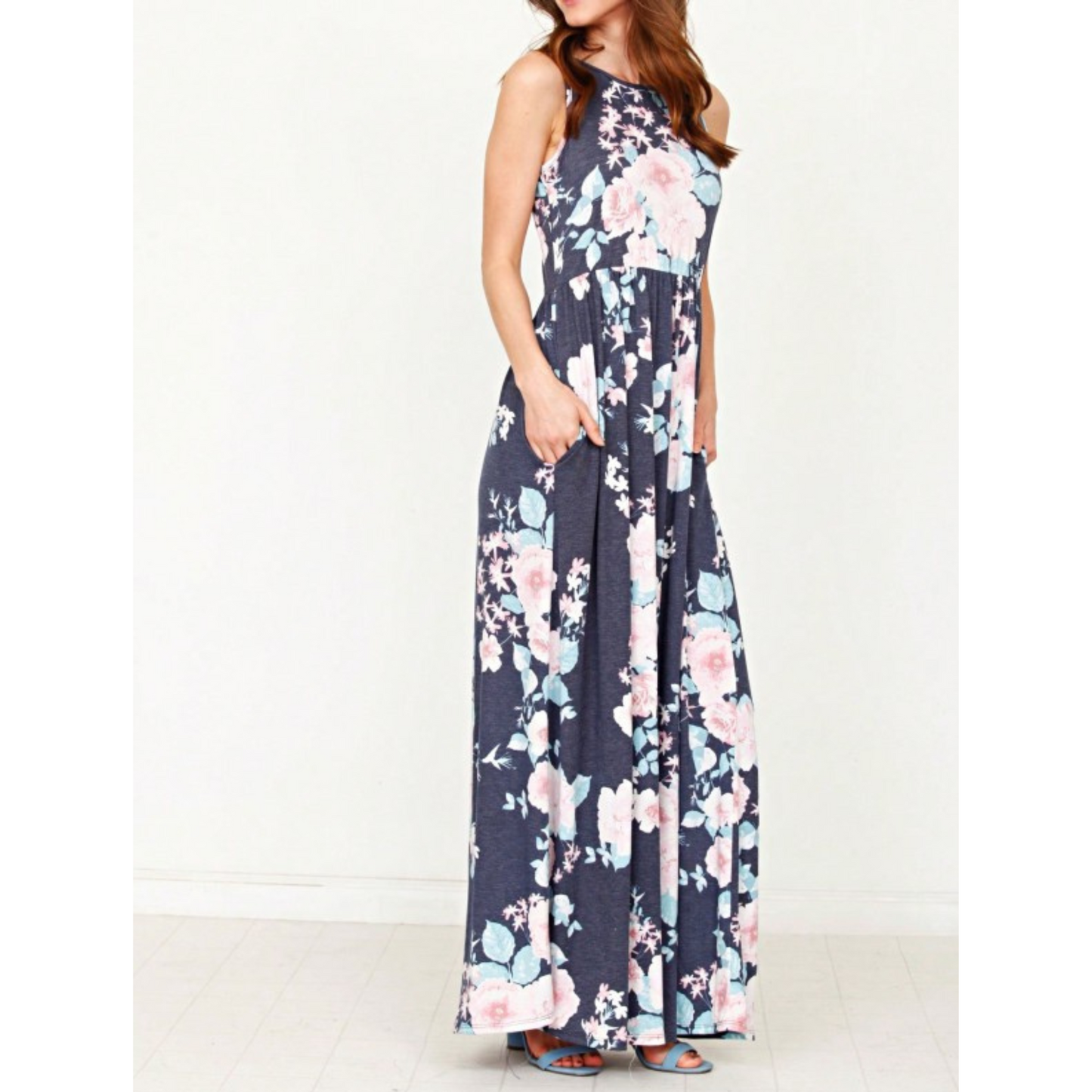 Navy_Vintage_Floral_Maxi_Dress_with_Hidden_Pockets_-_Side_view_on_Model