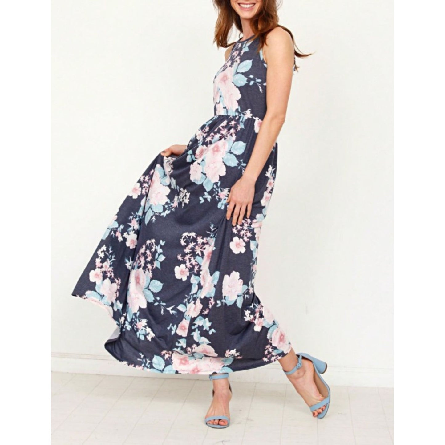 Navy_Vintage_Floral_Maxi_Dress_with_Hidden_Pockets_-_Side_view_on_Model_showing_with_of_dress