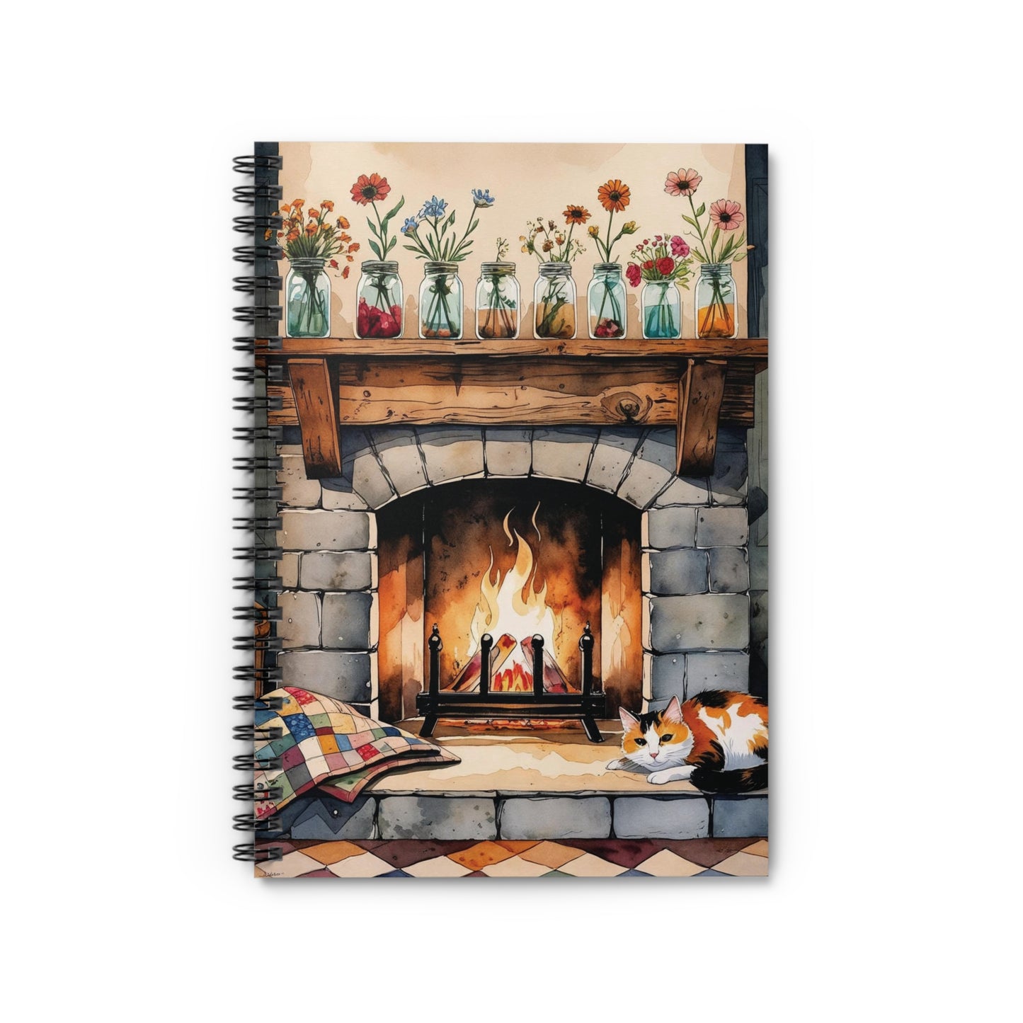 Notebook cover with a fireplace scene, cat, and flowers on a white background