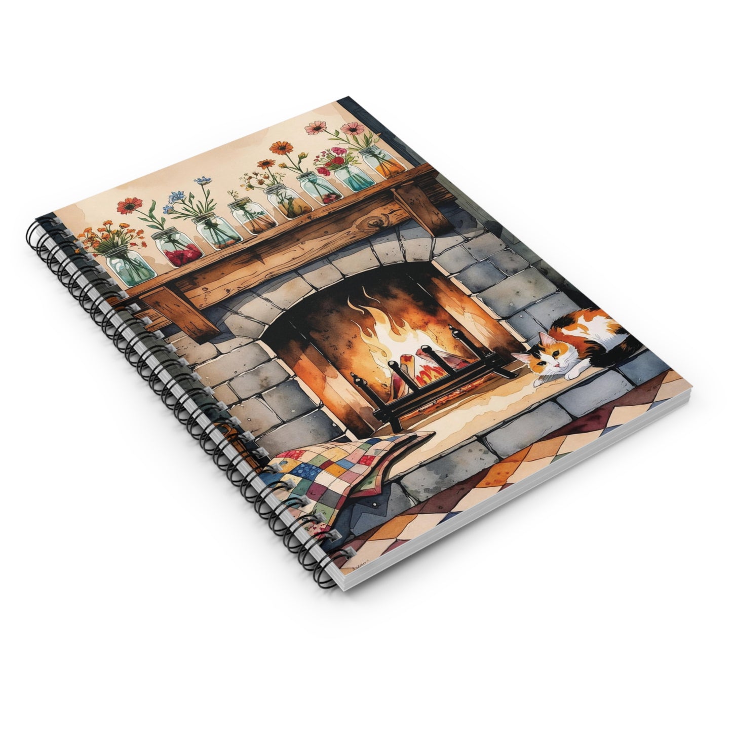 Notebook with a fireplace and cat illustration on the cover