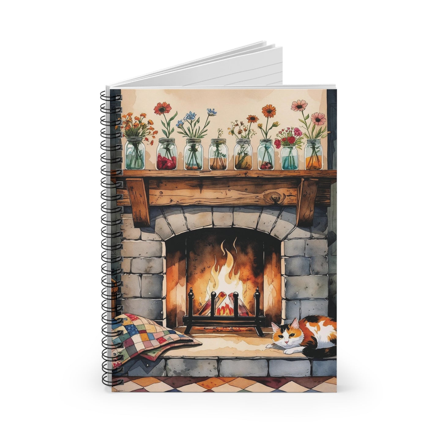 Notebook with a fireplace and cats design on the cover