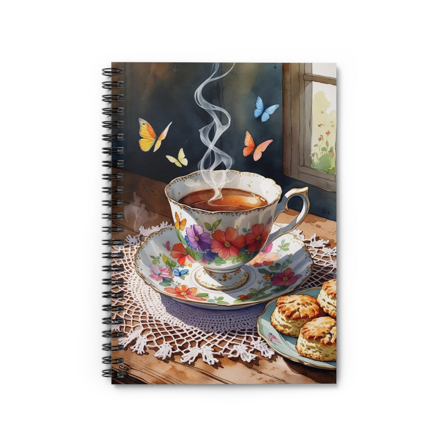 Notebook with a floral teacup design on a white background