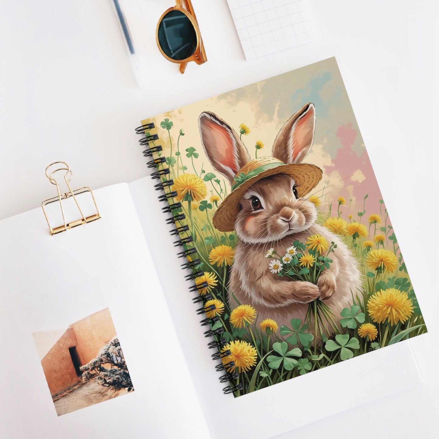 Notebook with a rabbit illustration on a white surface