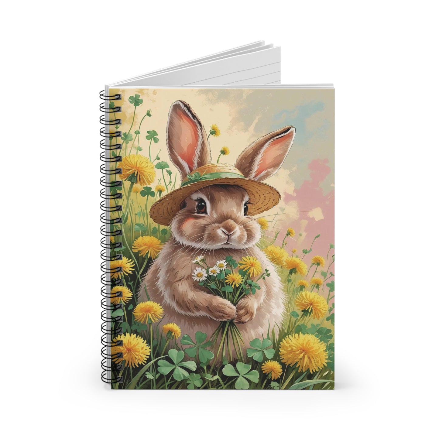 Notebook with a rabbit illustration on the cover, surrounded by flowers and dandelions.