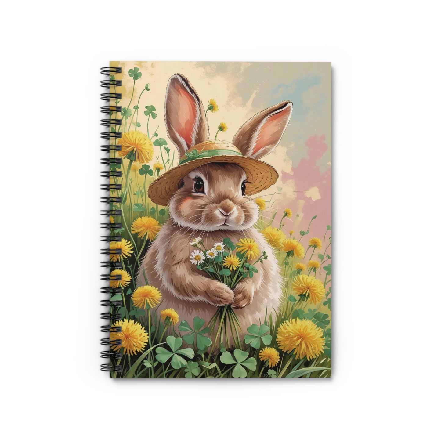 Notebook with a rabbit illustration on the cover, surrounded by flowers and plants.