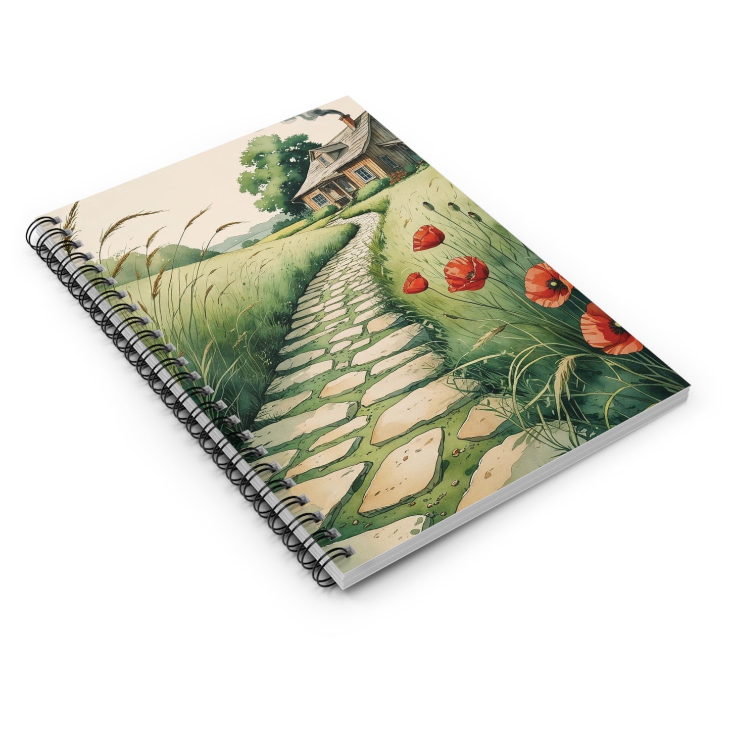 Notebook with a scenic cover featuring a house and path on a white background