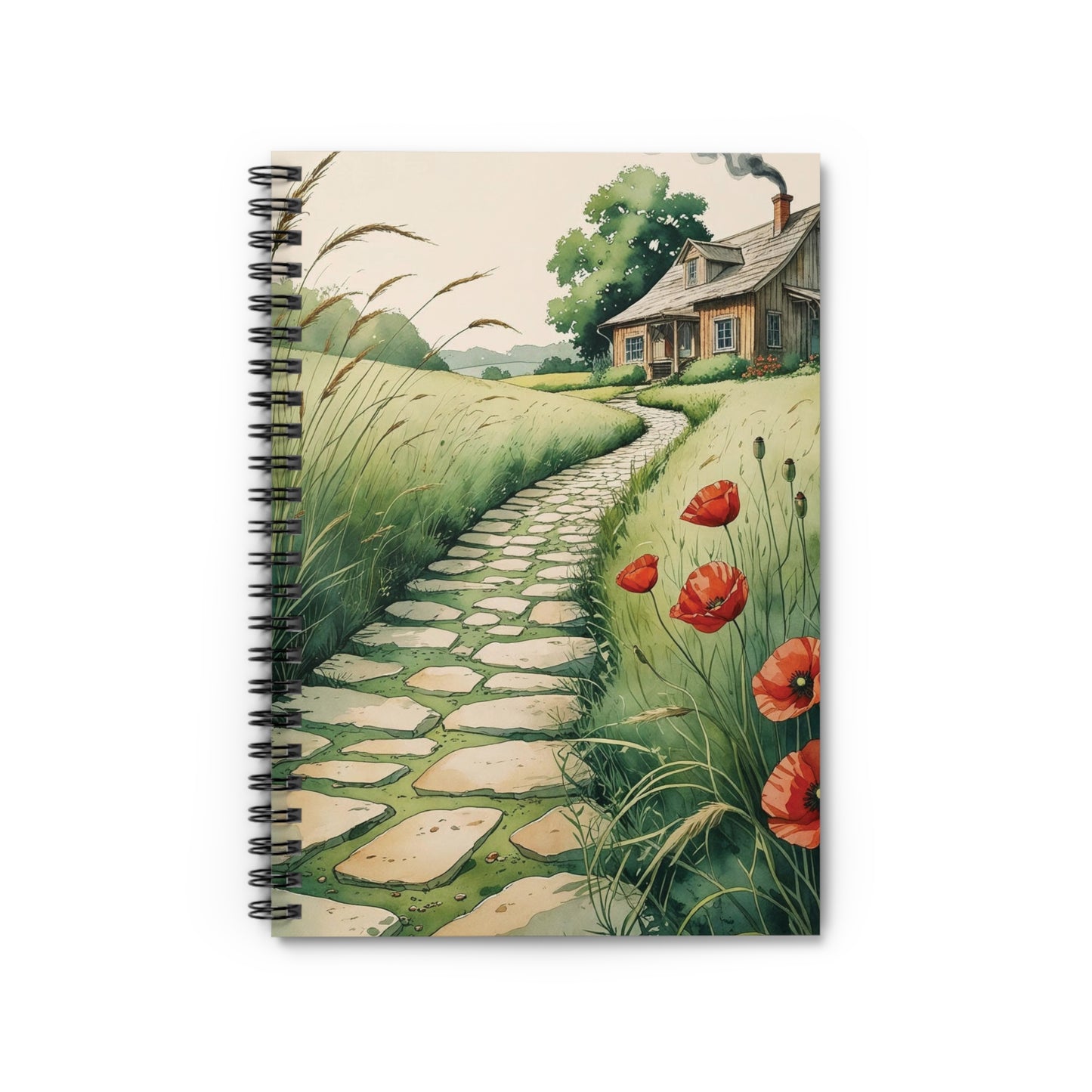Notebook with a scenic cover featuring a stone path, house, and poppies.