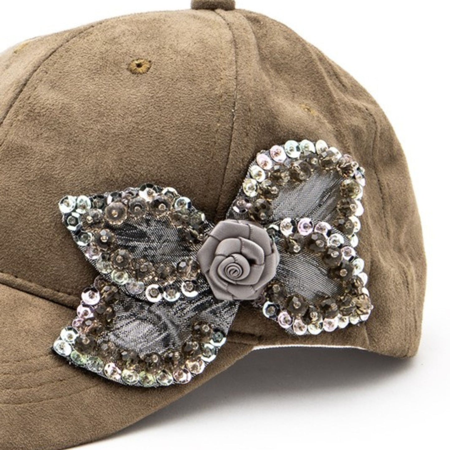 Olive_Beaded_Flower_Suede_Fashion_Cap_-_Side_view_Up_Close