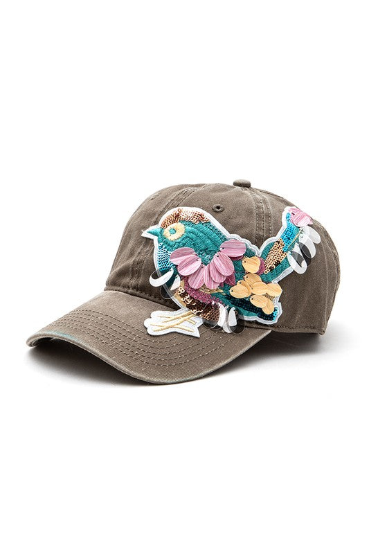 Olive Mix Media Bird Patch Vintage Cotton Canvas Cap Side view