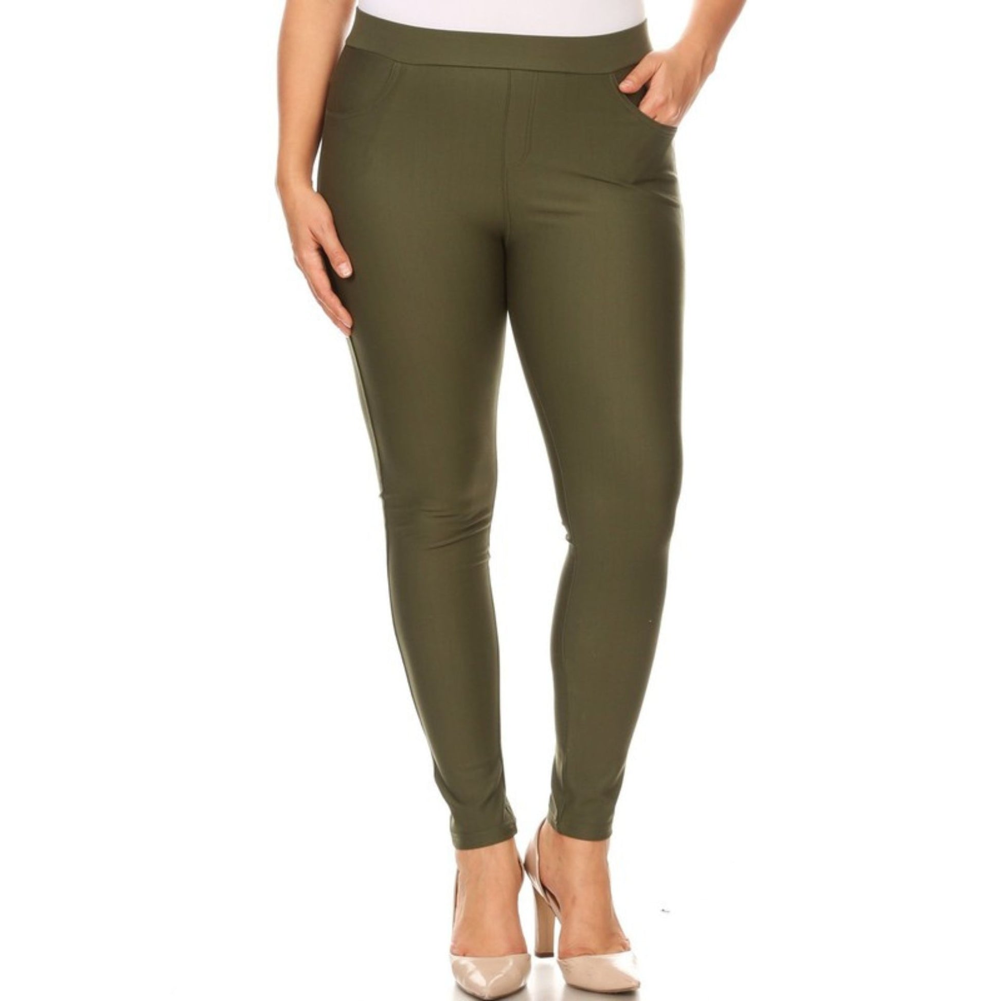 Olive green pants worn by a person on a white background