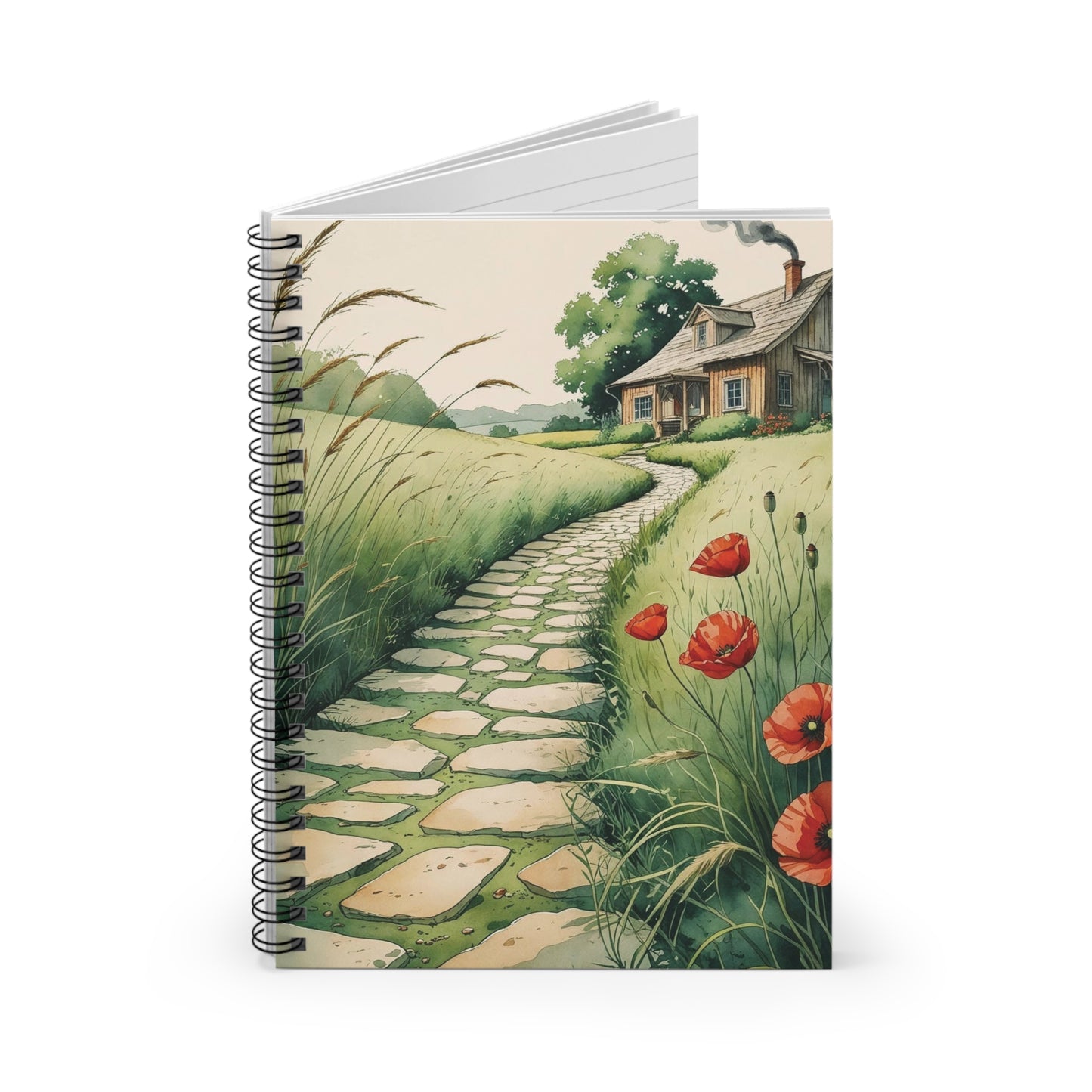 Notebook with a scenic cover featuring a house, path, and red flowers on a white background