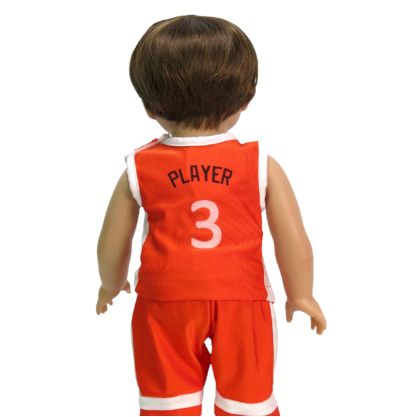 Orange Basketball Uniform with Shoes for 18-inch dolls with doll Back view Up Close