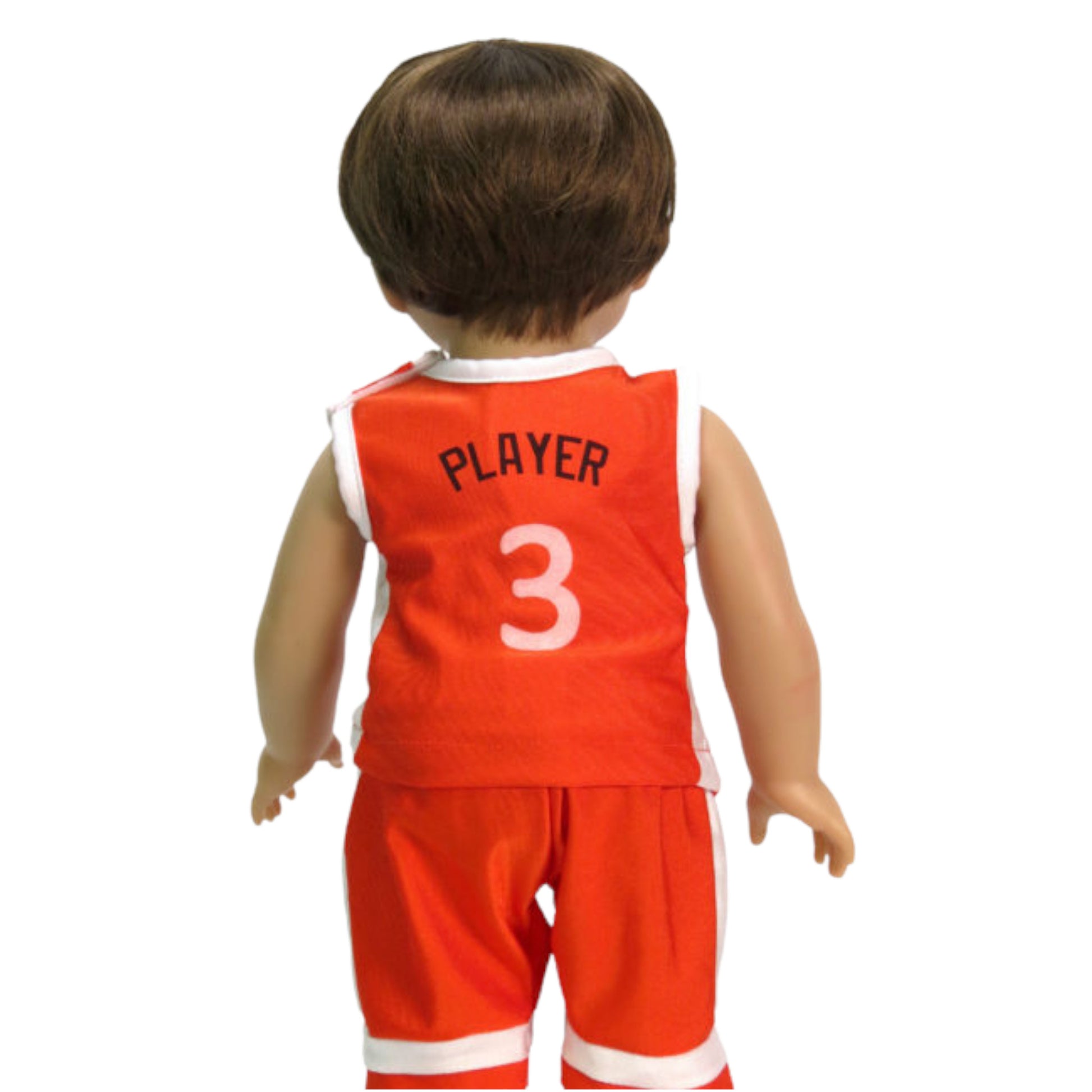 Orange Basketball Uniform with Shoes for 18-inch dolls with doll Back view Up Close