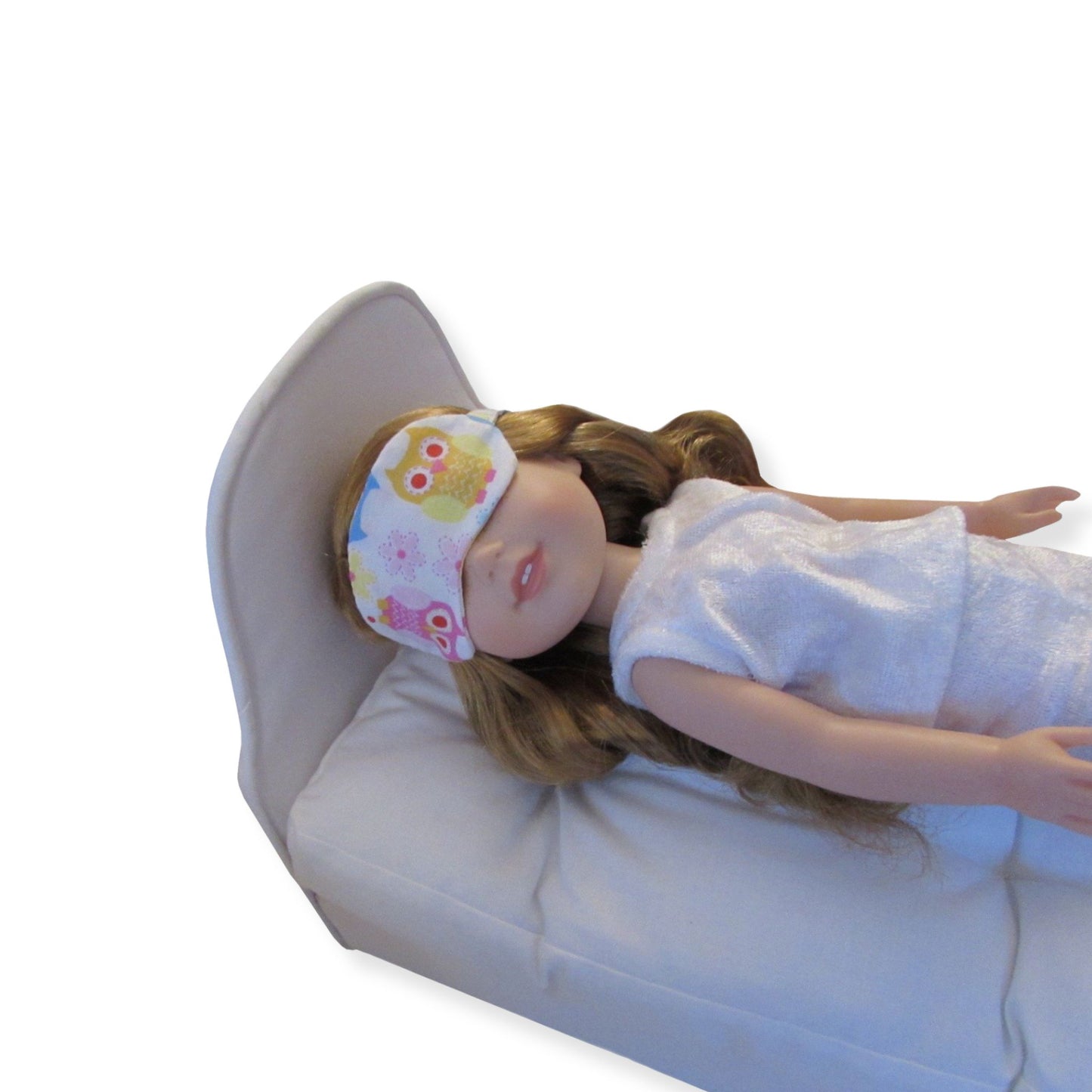 Owl print doll sleep mask, white doll pajamas, and white doll bed for 14.5-inch dolls Up Close