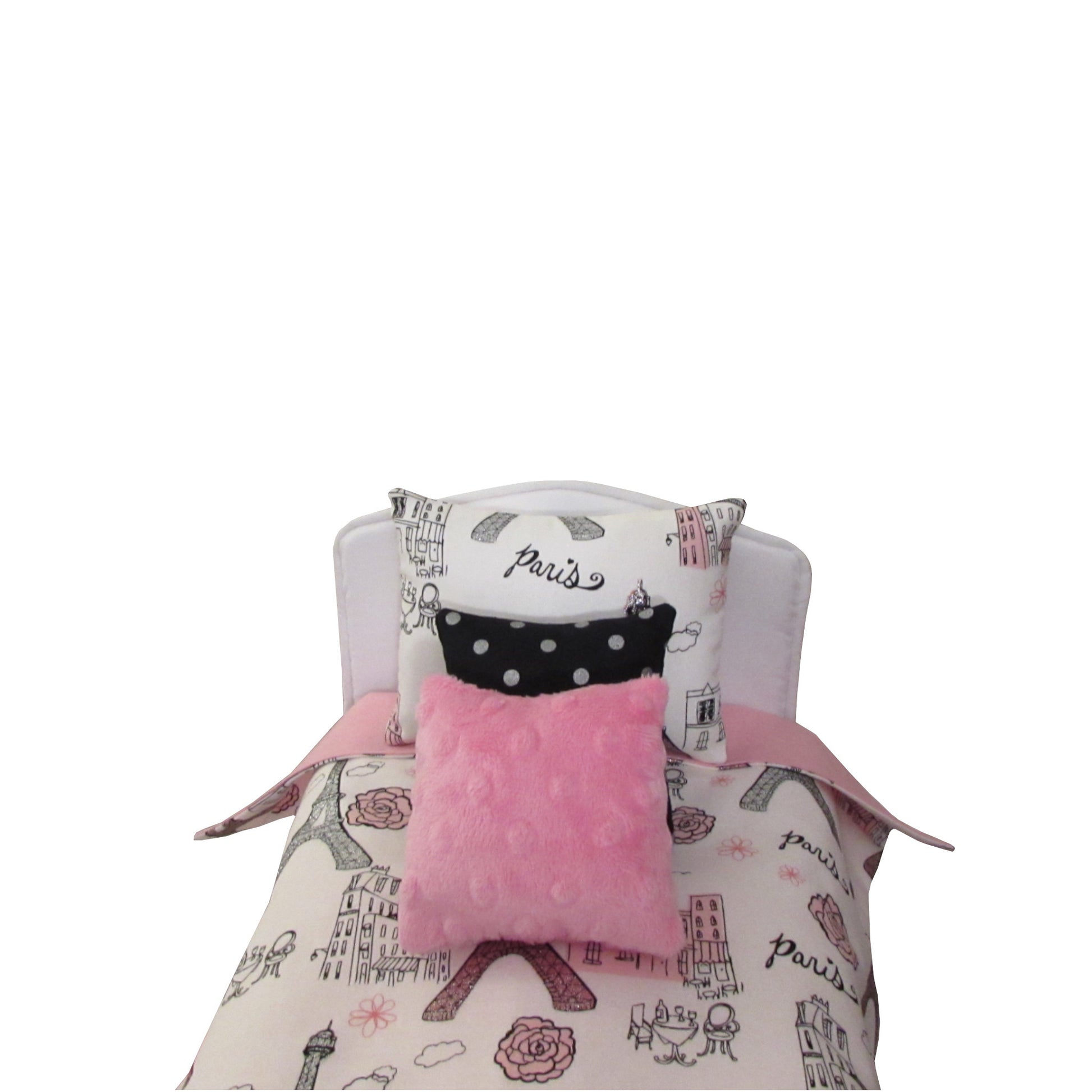 Paris Print Doll Bedding for 14 1/2 inch dolls Front view Up Close