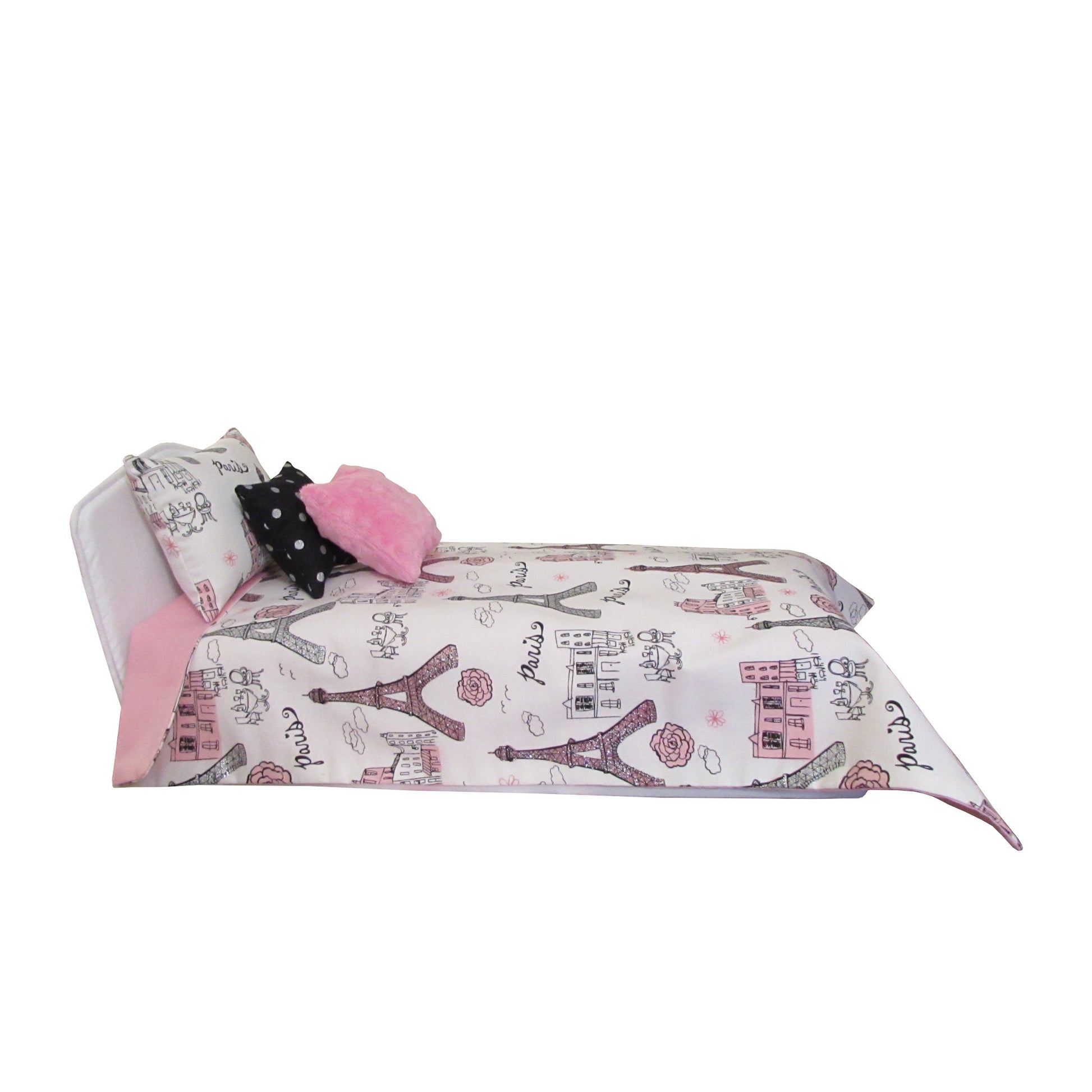 Paris Print Doll Bedding for 14 1/2 inch dolls Side view