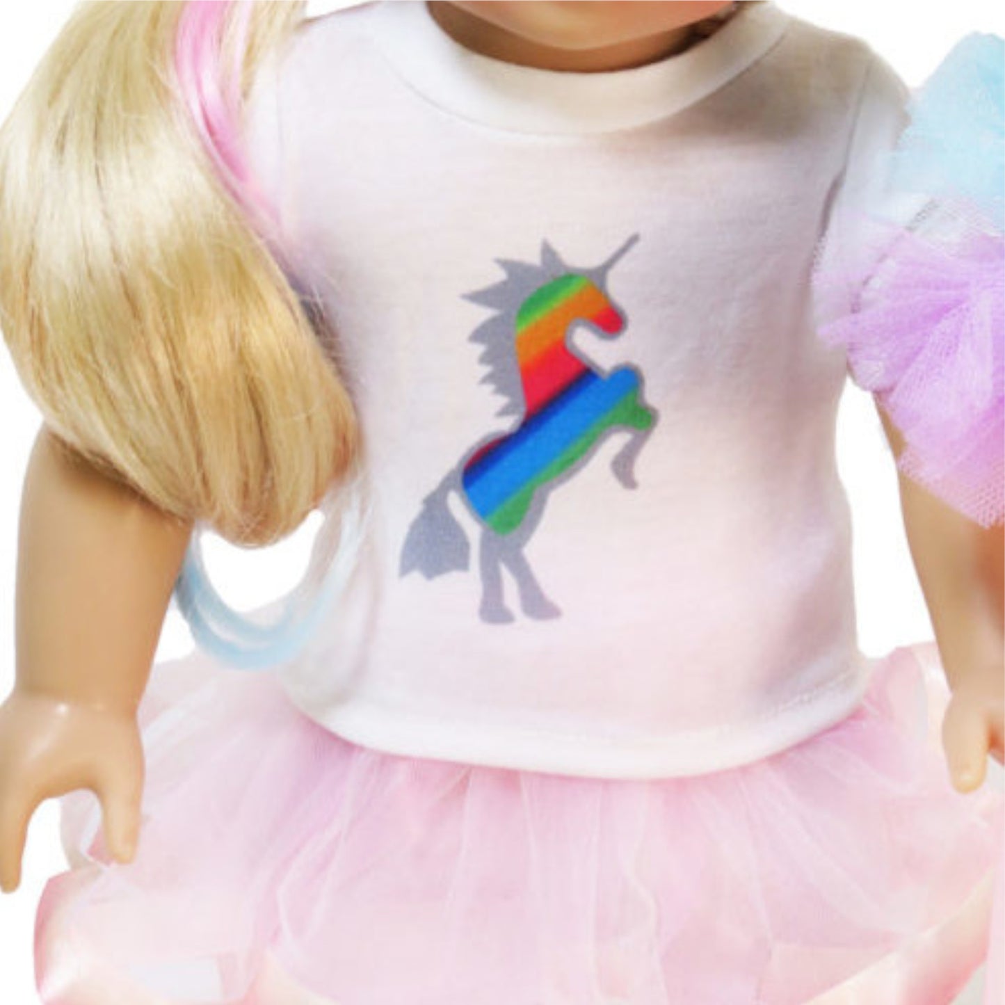 Pastel Rainbow Unicorn Outfit for 18-inch dolls with doll Up Close