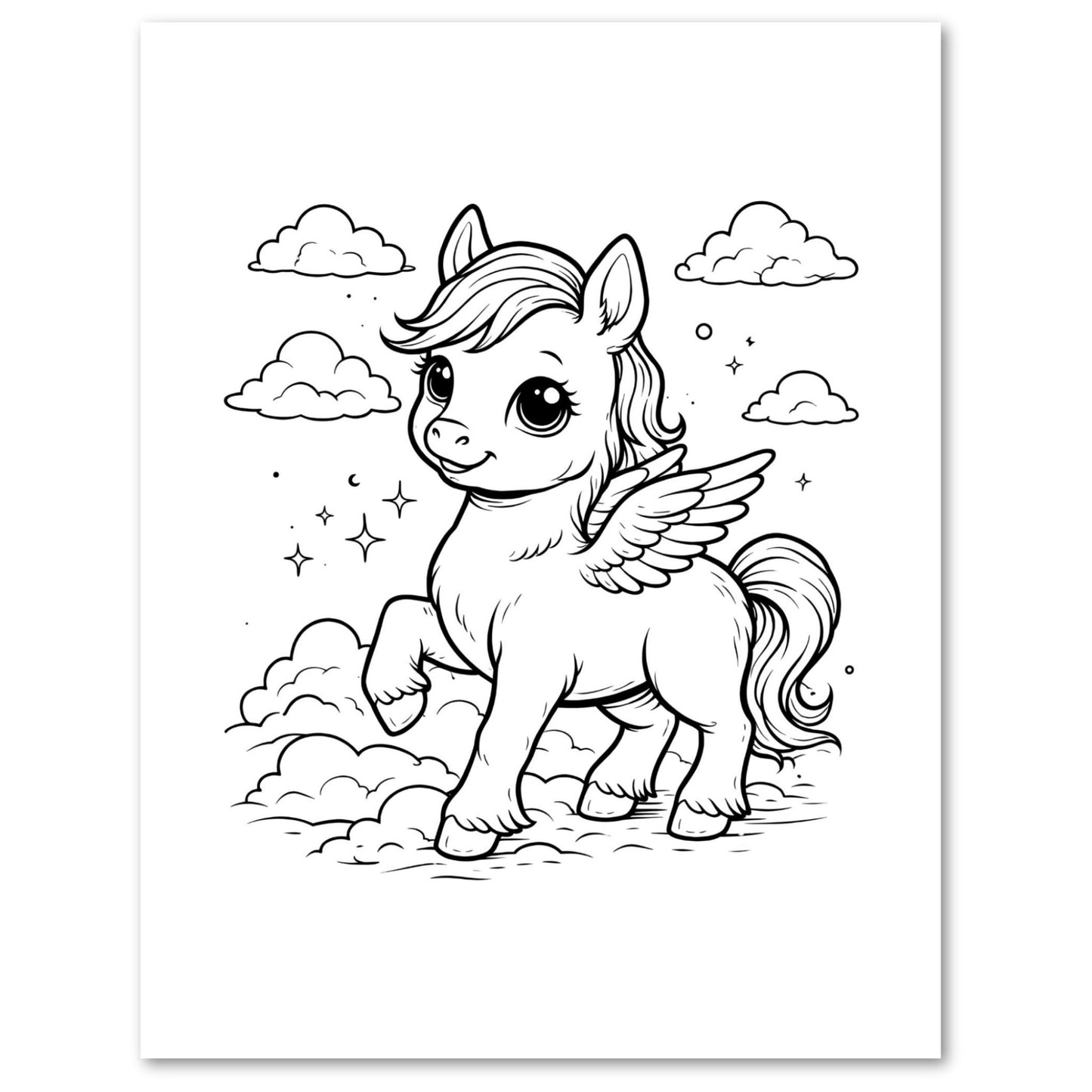 Black and white illustration of a pegasus with wings on a white background