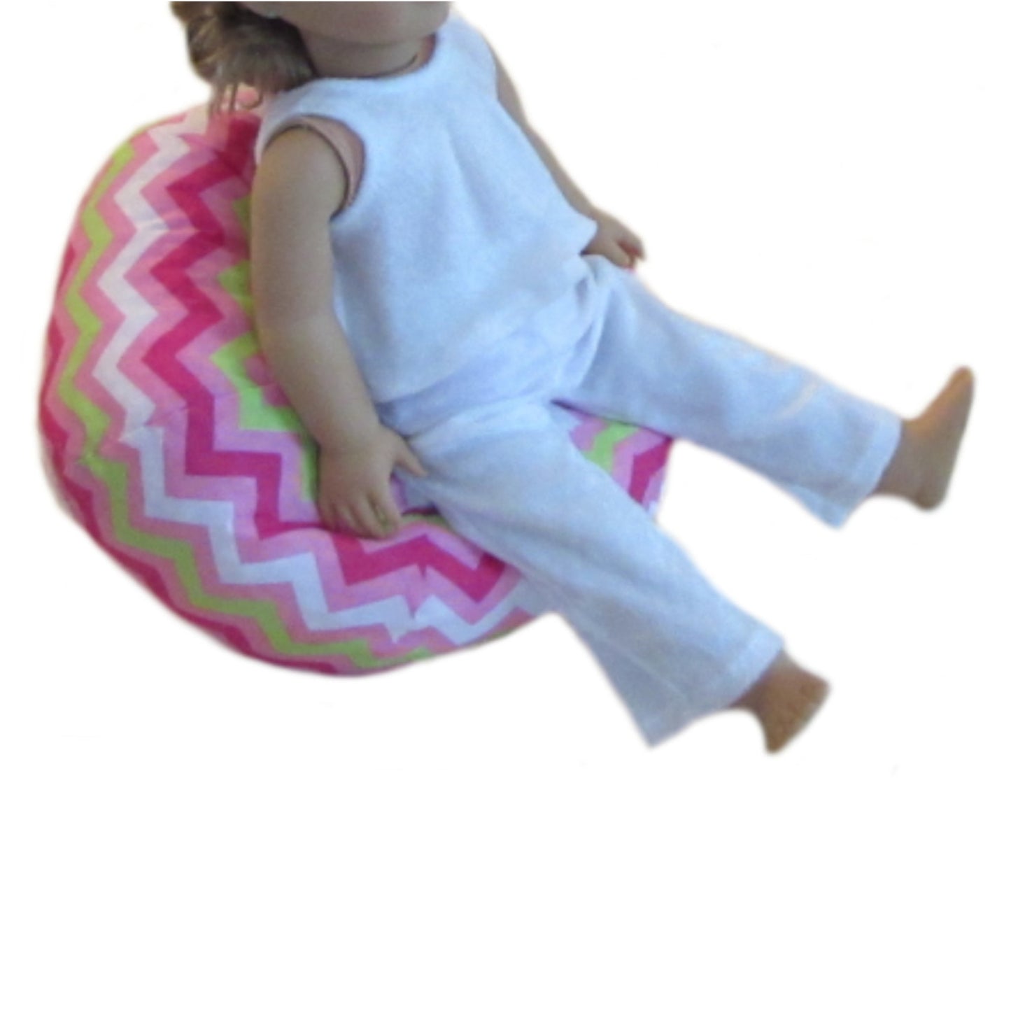 Pink Green White Chevron Doll Bean Bag Chair for 18-inch dolls with doll Side view