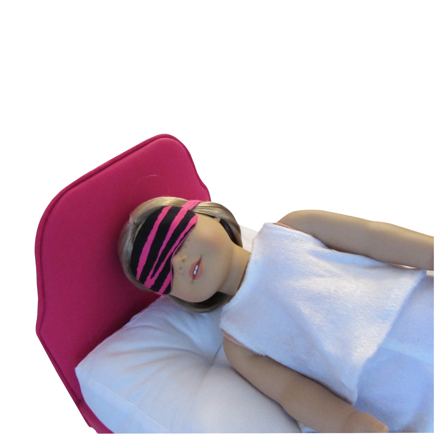 Pink Zebra Print Doll Sleep Mask, Pink Doll Bed, Doll, White Pajamas for 18-inch dolls Up Close