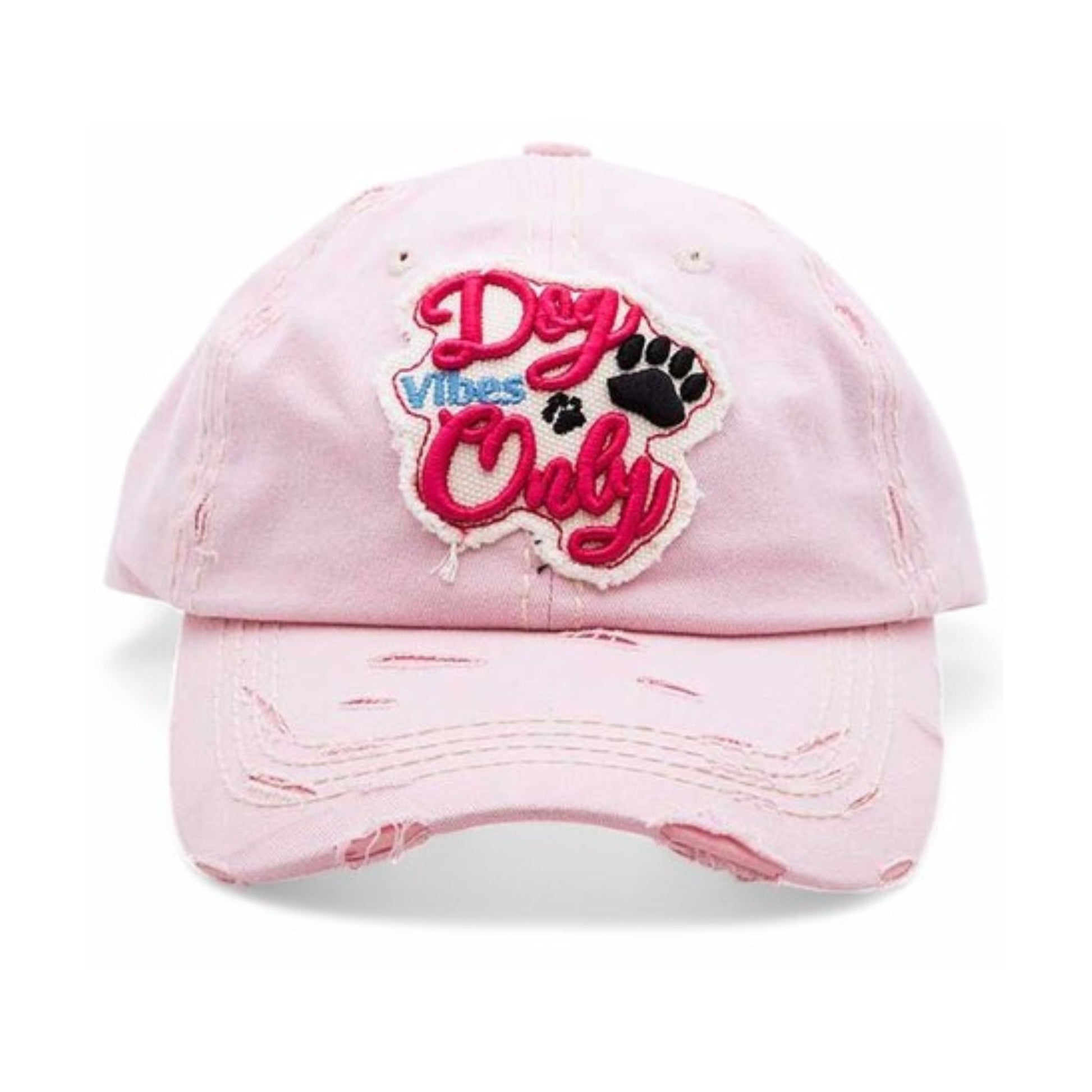 Pink cap with 'Dog Vibes Only' text and paw print on a white background