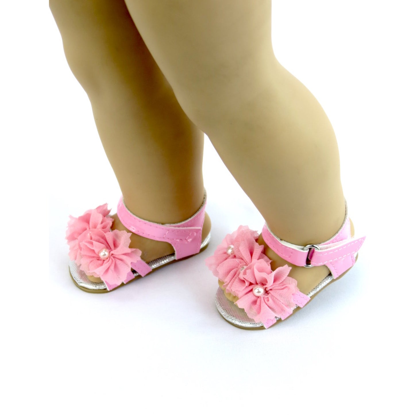 Pink Flower Frill Sandals for 18 inch dolls with doll Side view